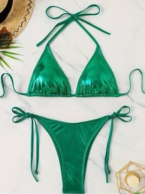 Emerald Shimmer Tie-Side Triangle Bikini - Women Swim